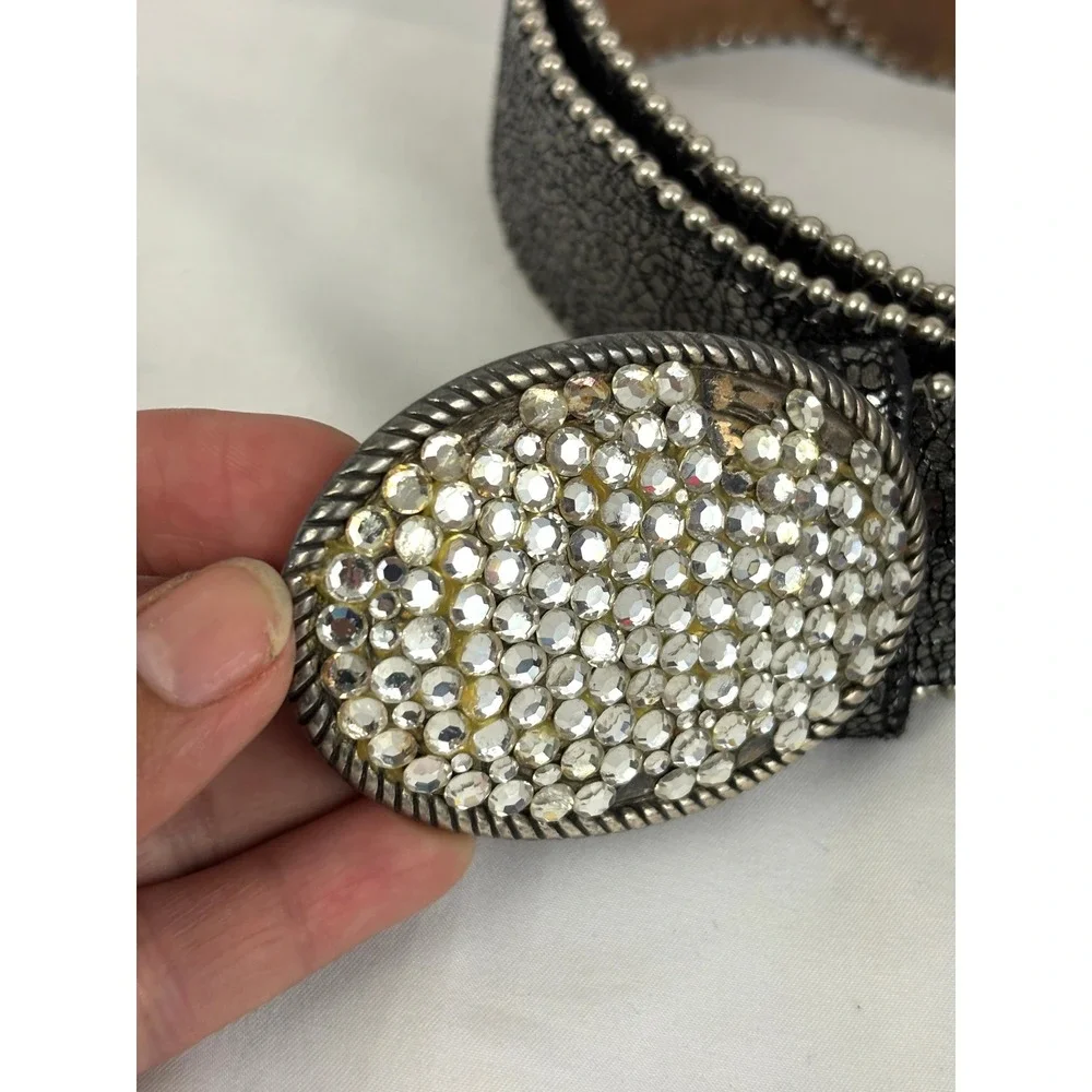 BB Simon‎ Rhinestone Belt Black Leather Crystal Studded Western Glam L